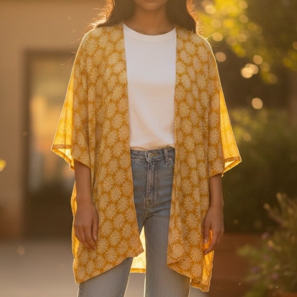 Ivy Jane Mustard Yellow Floral Print Tie In Back Kimono Sz M Western Boho Hippie